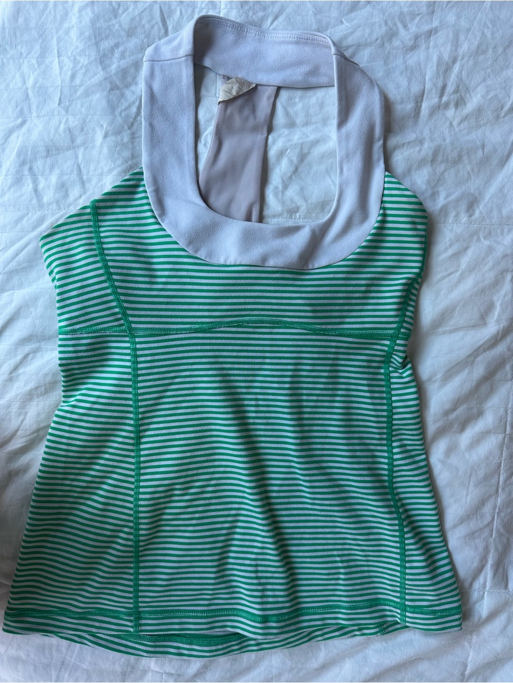 Vintage Lululemon Women’s Green & White Striped Tank Top with White Neck